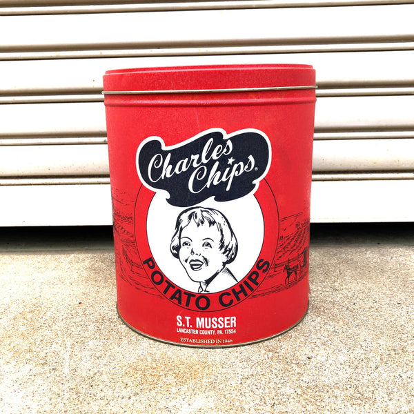 品番3043　Mussers Potato Chips　チャールズチップス　ポテトチップス缶　1990年頃　ブリキ缶　ティン缶　ヴィンテージ　千葉店