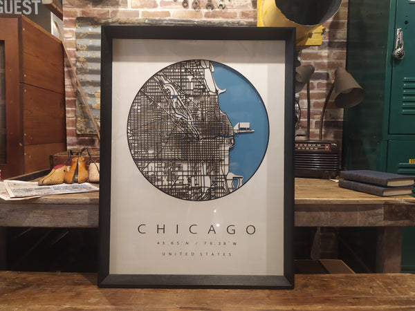 品番0159 CHICAGO マップ アート 額装 額縁 切絵　千葉店